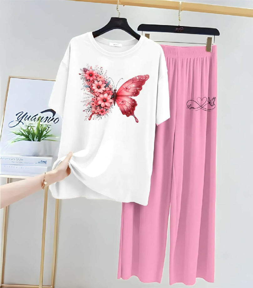 Girl’s Nightwear Set – butterfly Printed T-Shirt and pink trouser