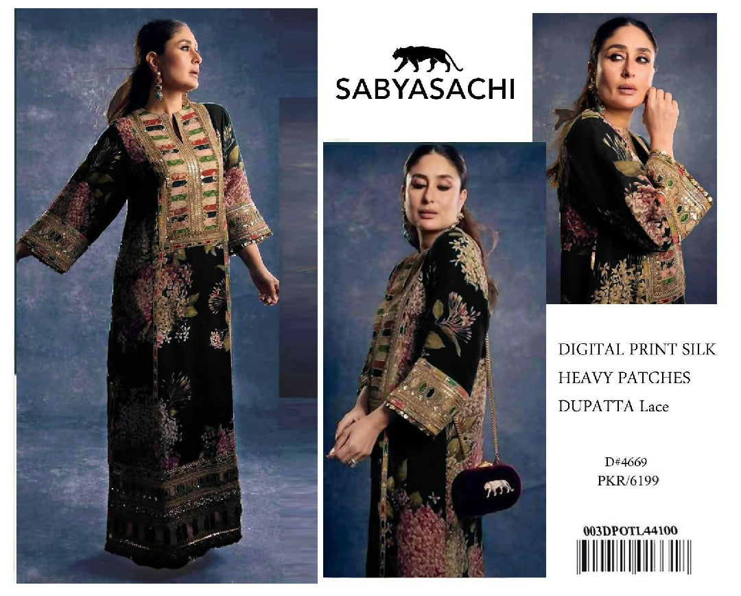 Sabyadachi Pure Silk 3-Piece Suit with Heavy Embroidery & 4-Side Lace Dupatta