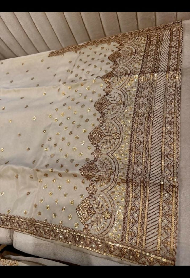 SEQUENCE Kattan embroidery shirt with farshi shalwar and organza duppata