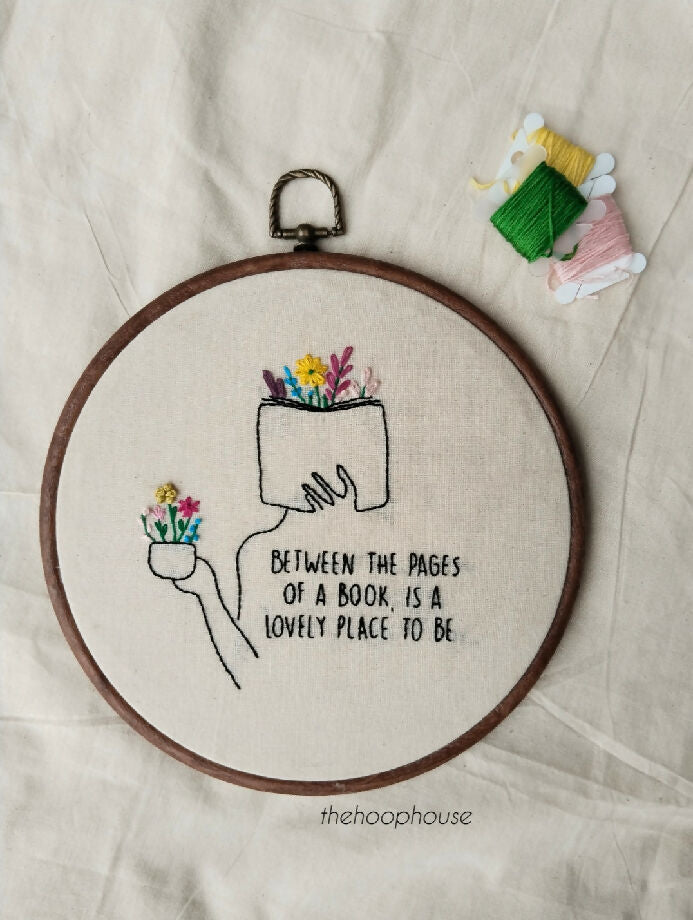 Book and tea embroidery hoop