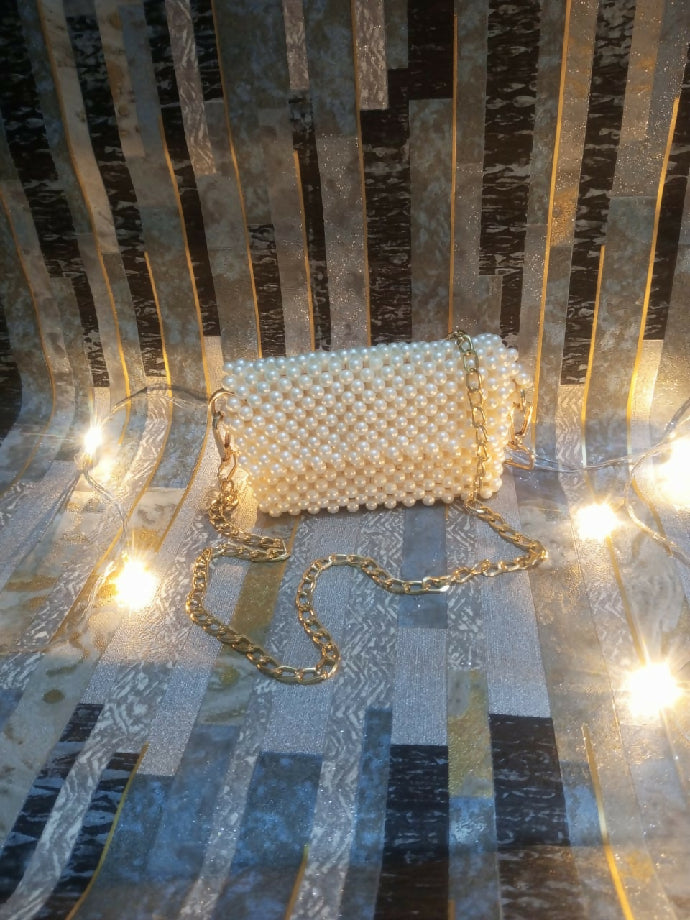 Pearl Beaded Clutch with Gold Chain