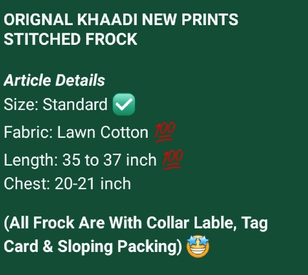 ORIGNAL KHAADI NEW PRINTS STITCHED FROCK*