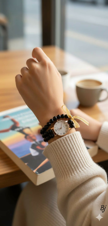 Elegant Black Bead Watch with Gold Accents