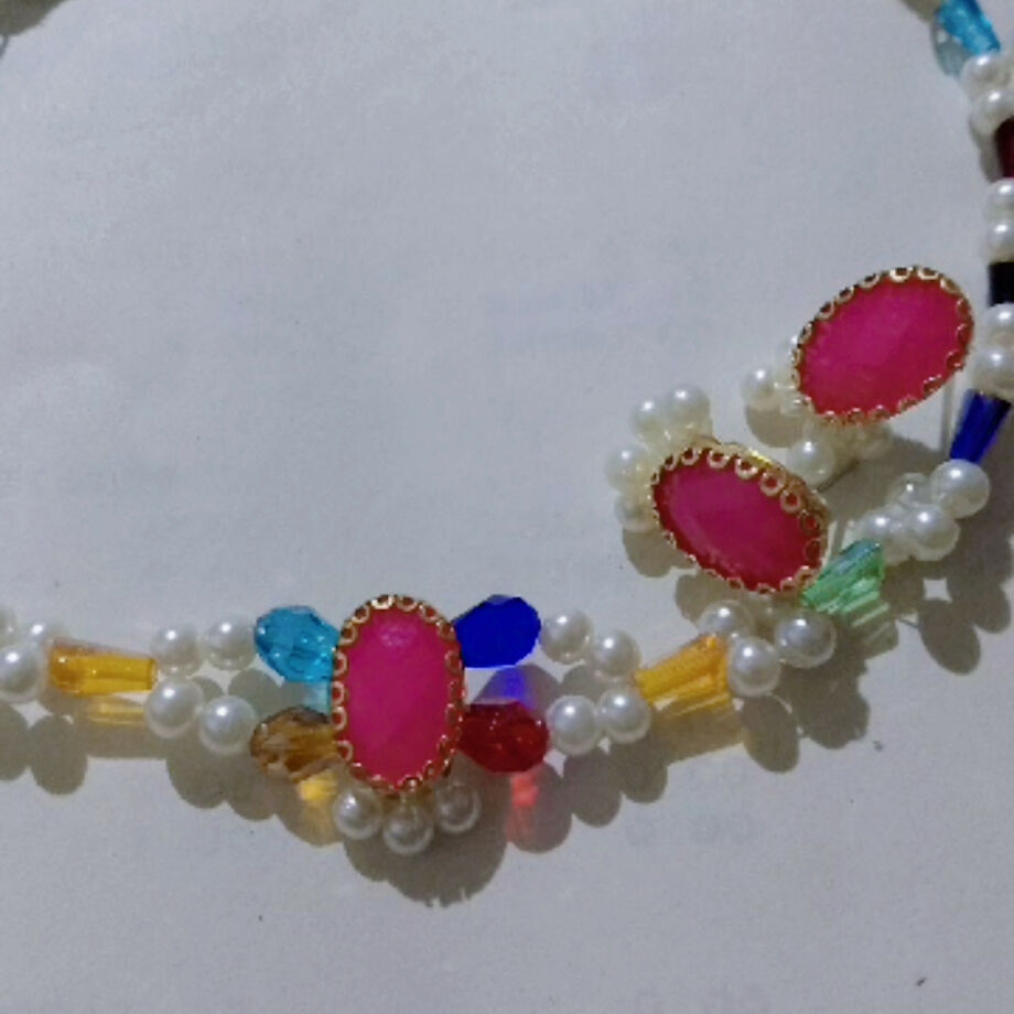Handmade pearl and colorful moti with pink stone and mini earrings