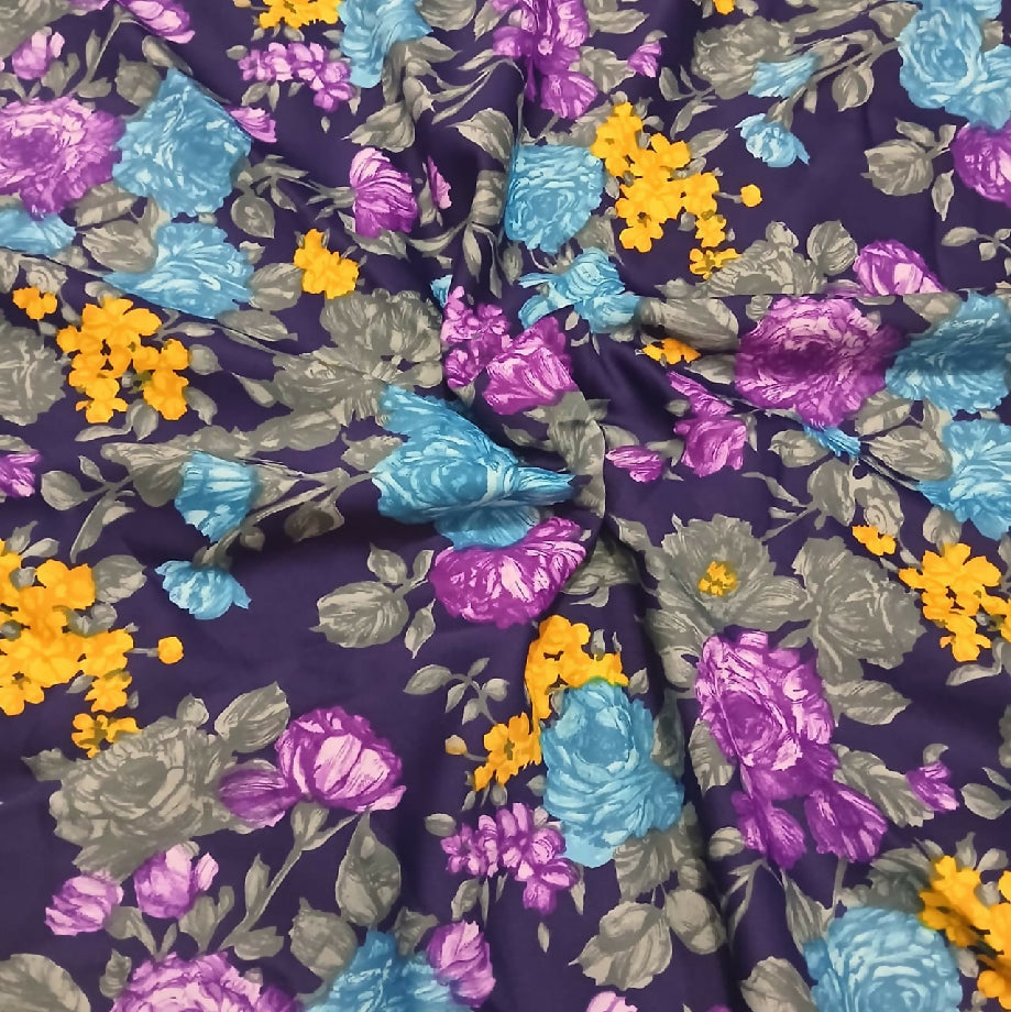 Dark Purple Floral Print Silk Satin Fabric Vibrant Luxury Designer Material (Imported Cut Piece for Frock or Casual Wear)
