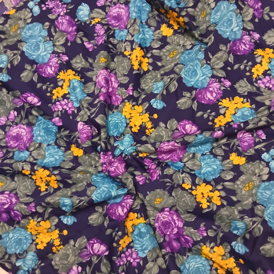 Dark Purple Floral Print Silk Satin Fabric Vibrant Luxury Designer Material (Imported Cut Piece for Frock or Casual Wear)