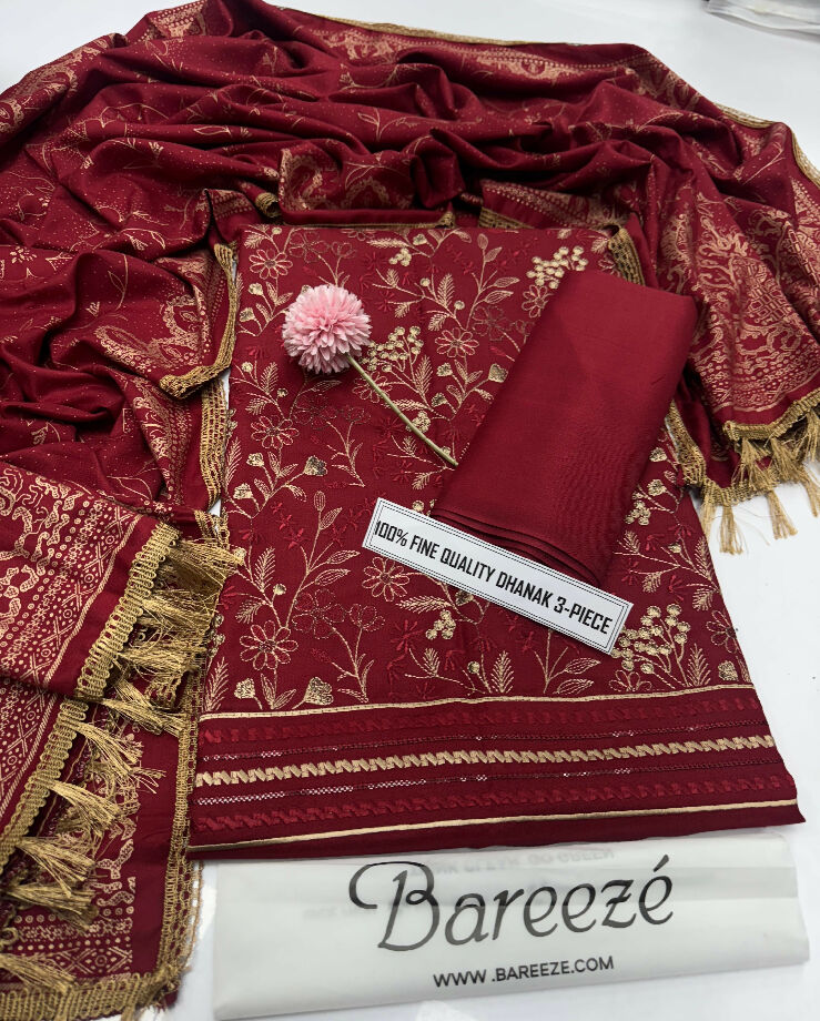 Unstitched Embroidered Dhanak Three Piece