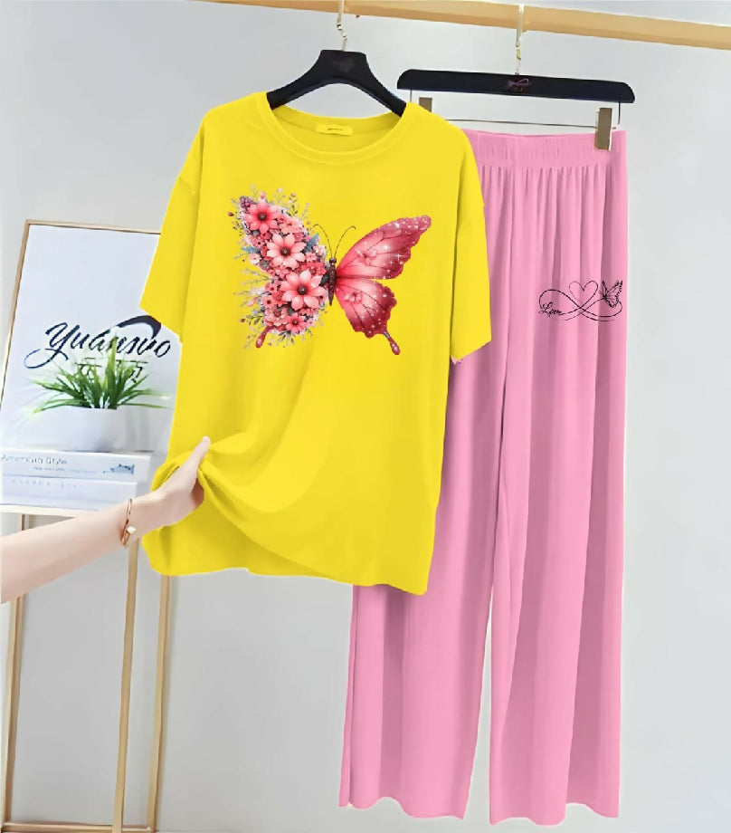 Girl’s Nightwear Set – butterfly Printed T-Shirt and pink trouser