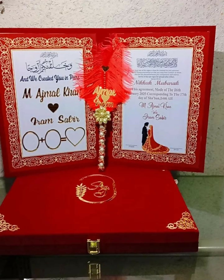Nikah ,engagment and wedding booklet with velvet box and nikah pen