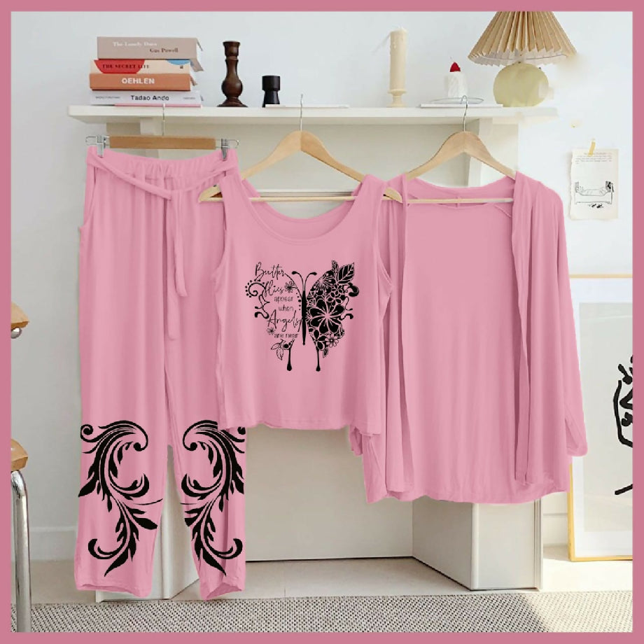 Women’s 3-Piece Cotton Nightwear Set – Pink Pajama, Printed Top & Shrug