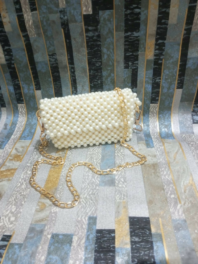 Pearl Beaded Clutch with Gold Chain