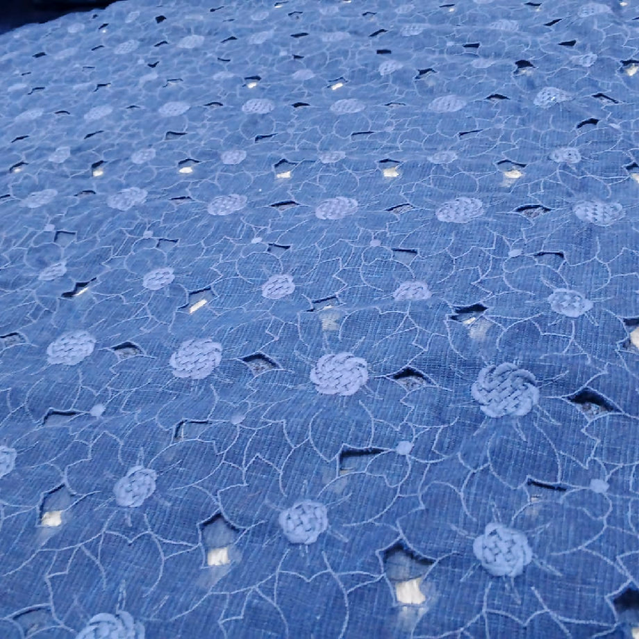 Blue Floral Cutwork Embroidered Fabric (Imported Shirt or Frock Material)