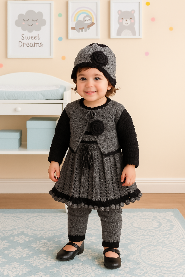 Charming Crochet Baby Set in Grey and Black
