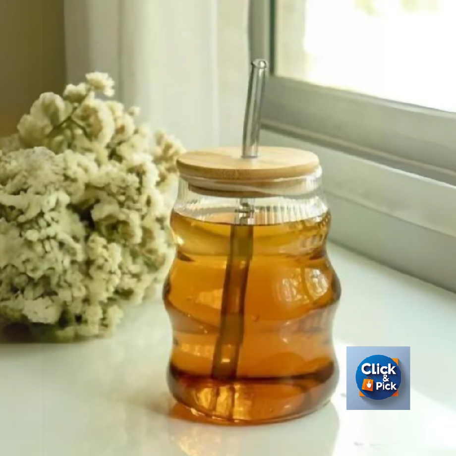Bee Hive Glass Cup with Bamboo Lid & Straw – Aesthetic Honey Jar Style Drinkware
