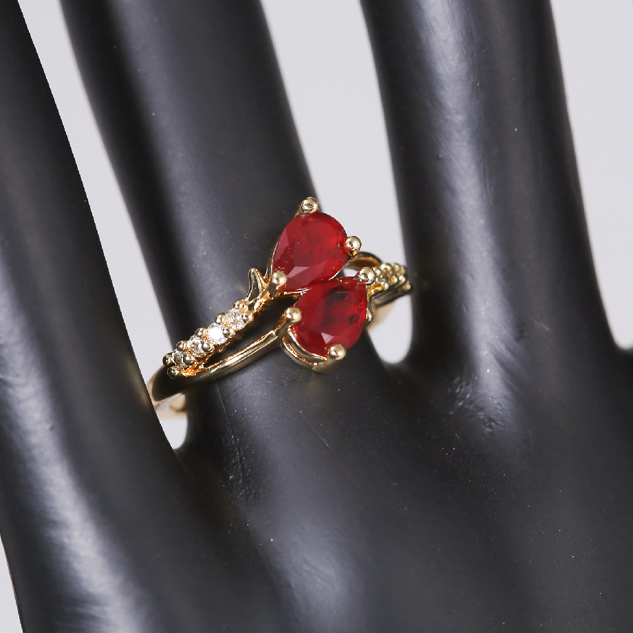 Gold-Plated Red Heart Stone Ring with Crystal Accents