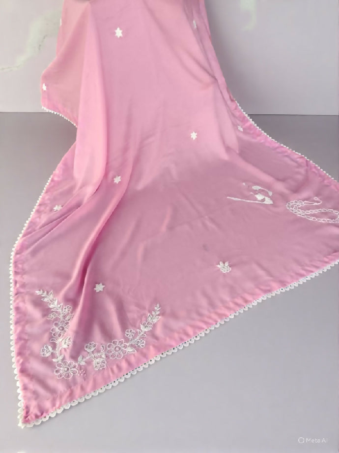 Premium Pink Namaz Chadar with White Embroidery & Lace Finishing