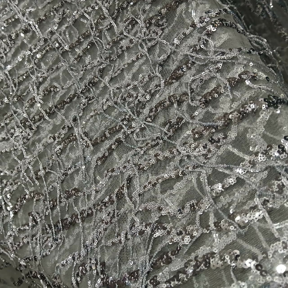 Silver grey Hanging Sequin Fabric on Net, Luxury Party & fancy dress Material (Imported Maxi Material)
