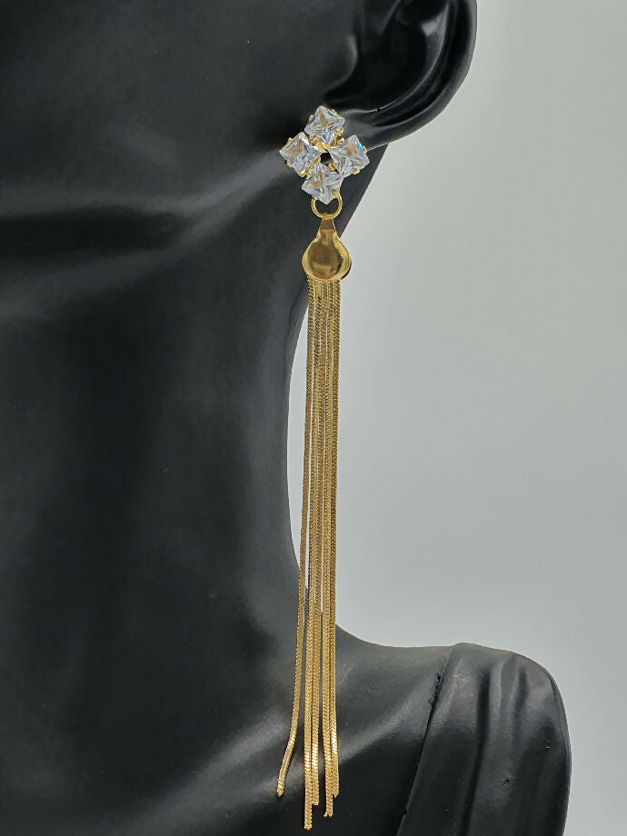 Crystal Cluster with Golden Tassel Drop Earrings