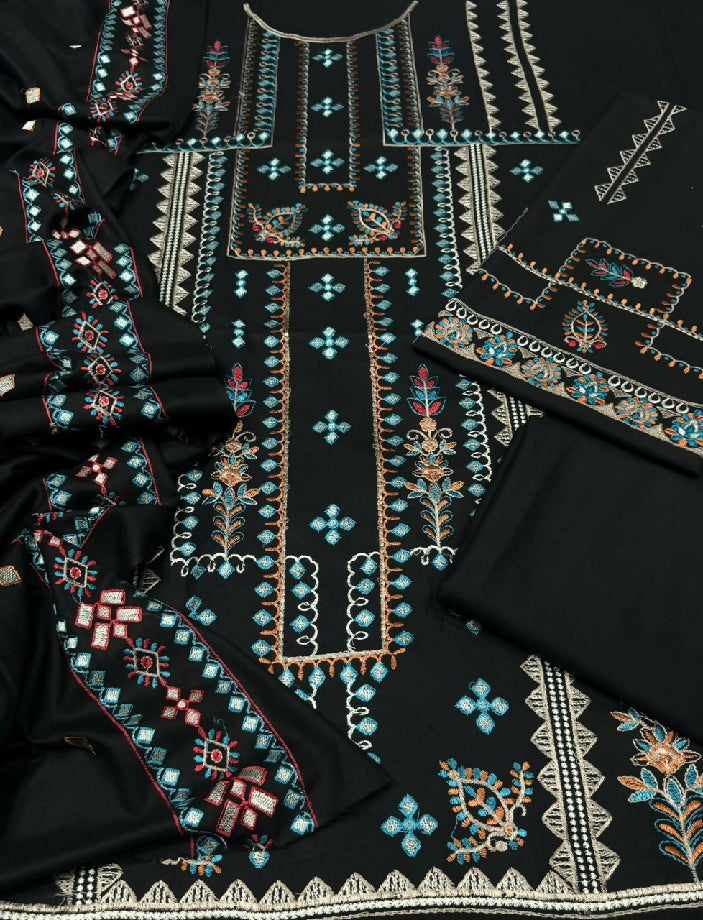 Unstitched Embroidered Dhanak Three piece