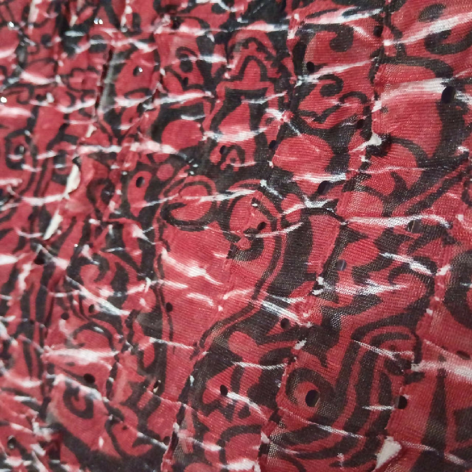 Maroon & Black Ajrak Print Jersey Fabric with Fringes- Top, Skirt or Frock Material(Imported)