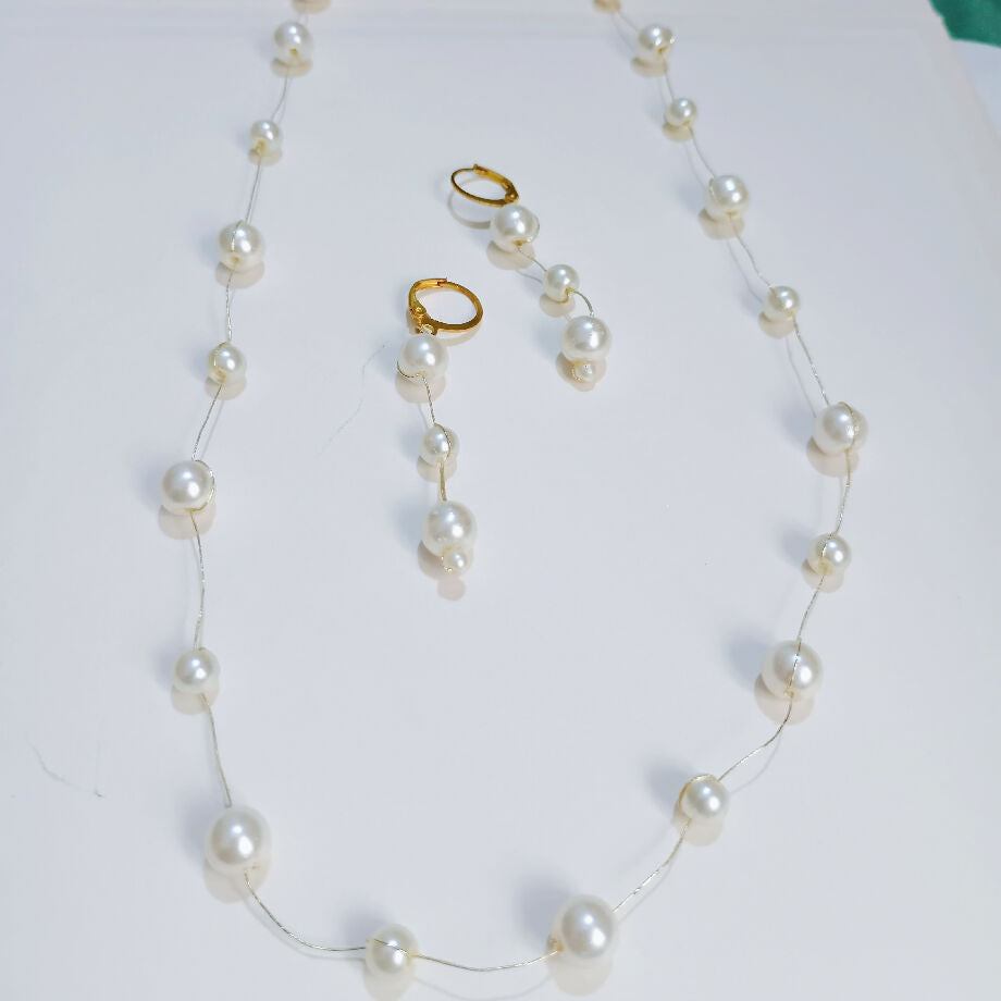 Handmade pearl long mala with pearl earrings