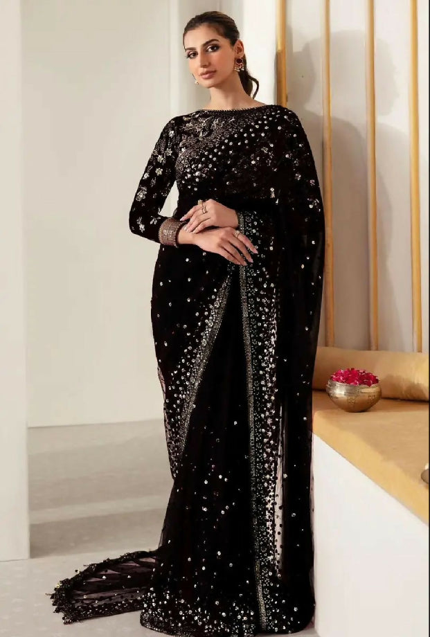 JAZMIN special Net Saree with Velvet body and sleeves with satin silk trousers