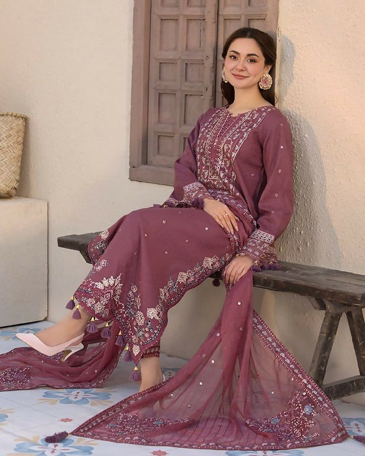 Unstitched Embroidered Dhanak Three piece