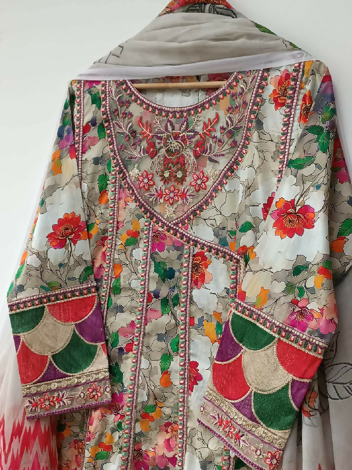 Cotton Lawn Angrakha Frock with Trouser & Chiffon Dupatta