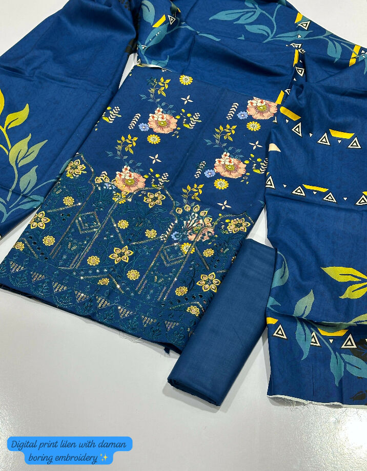 Printed linen with damn embroidery