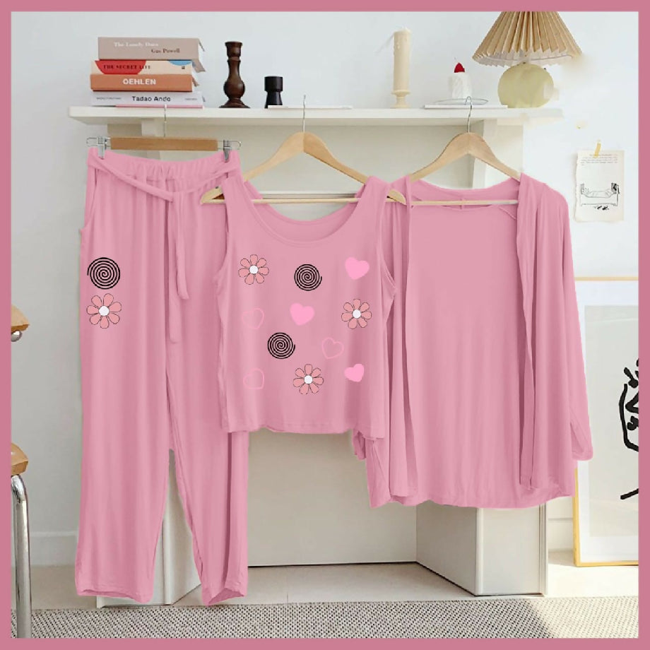 Women’s 3-Piece Cotton Nightwear Set – Pink Pajama, Printed Top & Shrug