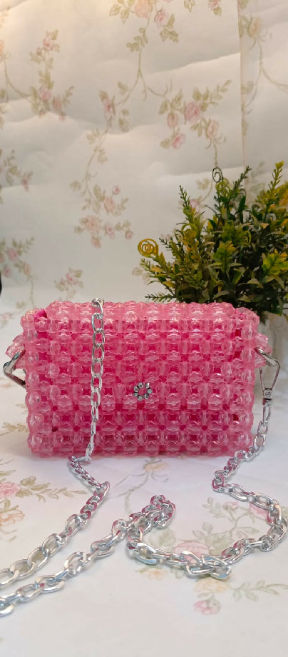 Vibrant Pink Beaded Bag with Silver Chain
