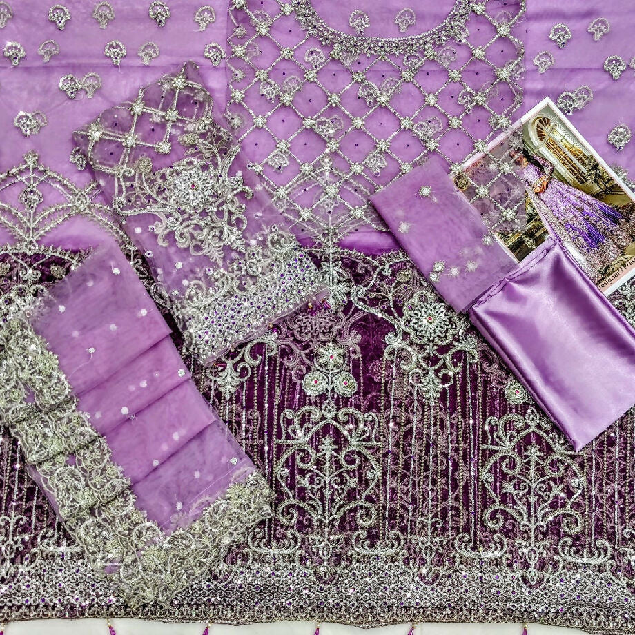 BRAND:*MARIA.B* net embroidered sequence hand embellished luxury maxi unstitced 3pc✓ * front body: embroidered pearls sequence & hand work * back body: embroidered sequence * sleeves: embroidered pearls sequence & hand work * maxi: tye & dye embroidere