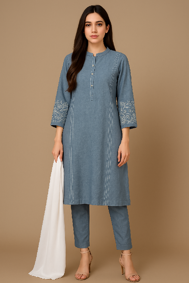 Kamalia Khaddar 3-Piece Set with Shawl in Denim Grey & Blue Shades Stitched