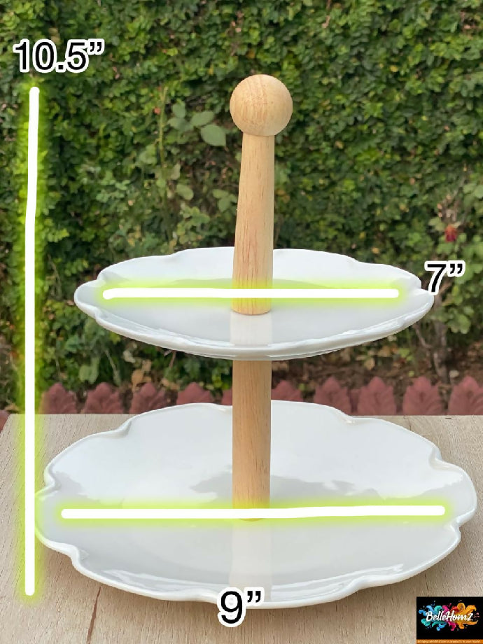 2-Tier Ceramic floral Serving Stand with Wooden Handle