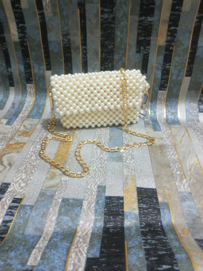 Pearl Beaded Clutch with Gold Chain