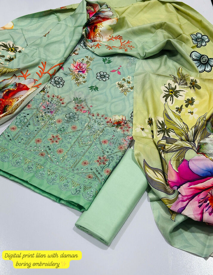 Printed linen with damn embroidery