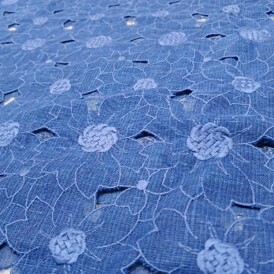 Blue Floral Cutwork Embroidered Fabric (Imported Shirt or Frock Material)