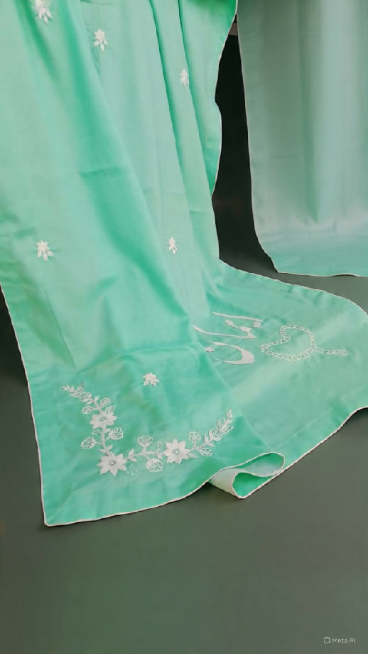 Premium Mint Green Namaz Chadar — White Embroidered Premium Linen Prayer Sheet