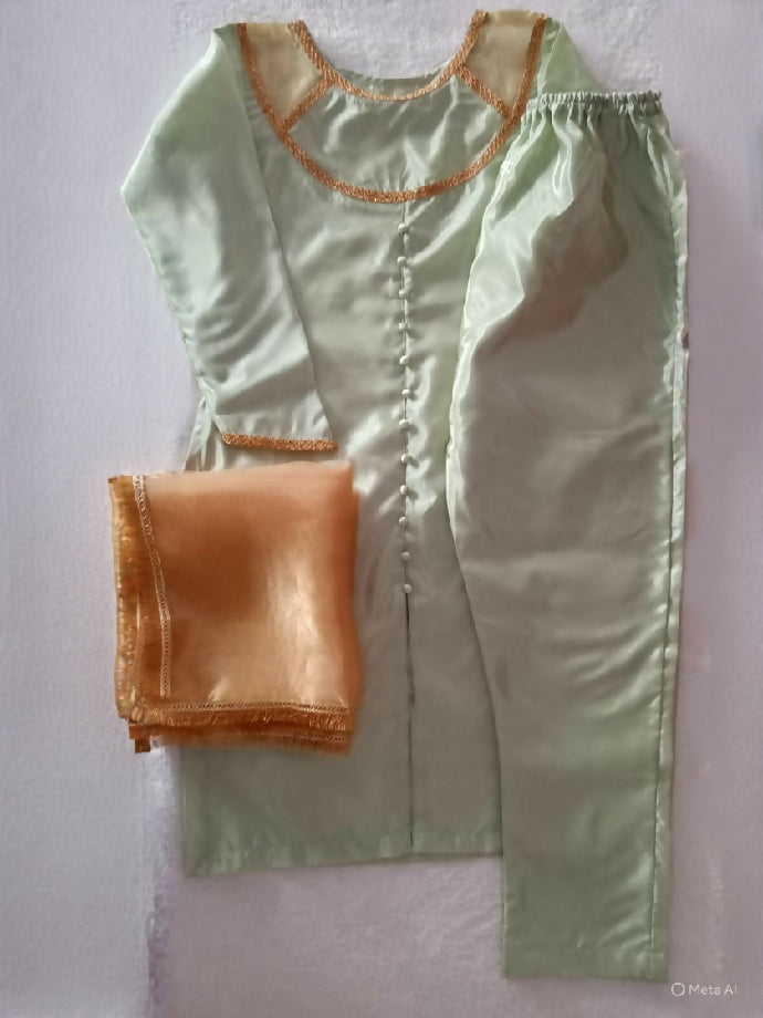 Pista Kathan Silk Dress with Golden Organza Dupatta