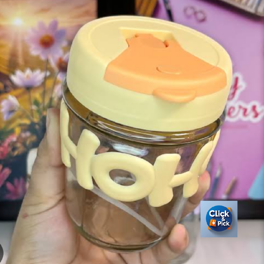 Cute HOH Glass Tumbler with Silicone Lid & Sleeve – Portable Coffee & Juice Mug