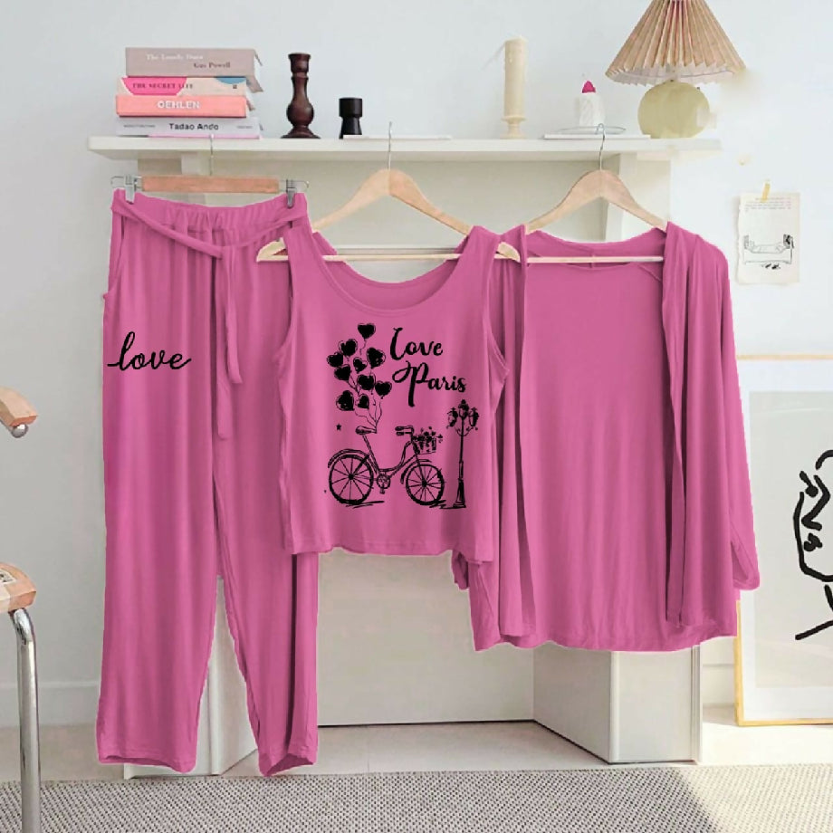 Women’s 3-Piece Cotton Nightwear Set – Pink Pajama, Printed Top & Shrug