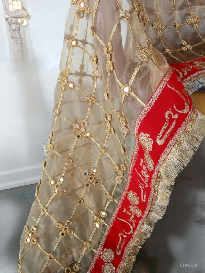 Golden Mirror Nikah Dupatta with Red “Qabool Hai” Patti & Golden Kiran Lace