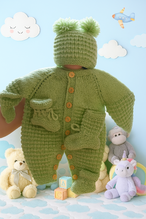 The Cozy Baby in Green A Sweet Knitted Romper Moment 0-3 Months