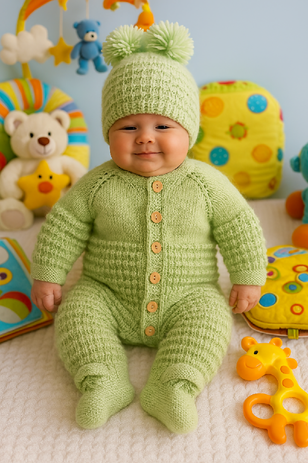 The Cozy Baby in Green A Sweet Knitted Romper Moment 0-3 Months