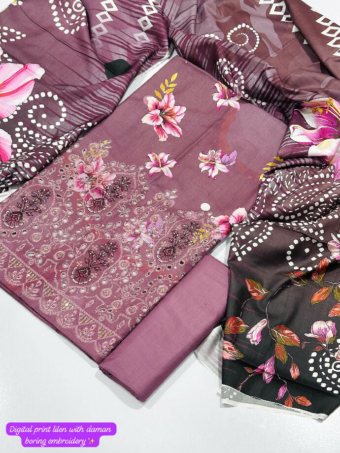 Printed linen with damn embroidery