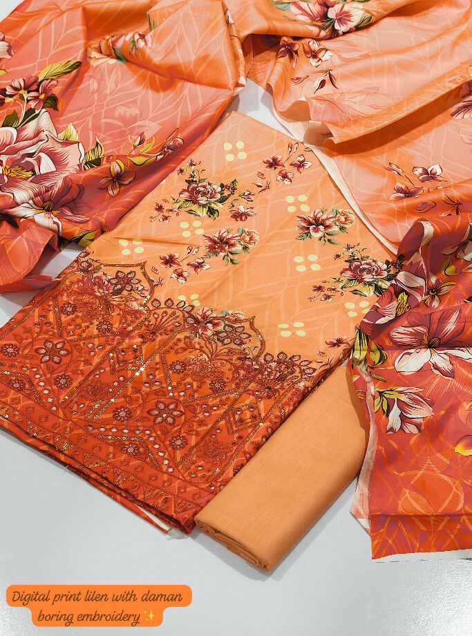 Printed linen with damn embroidery