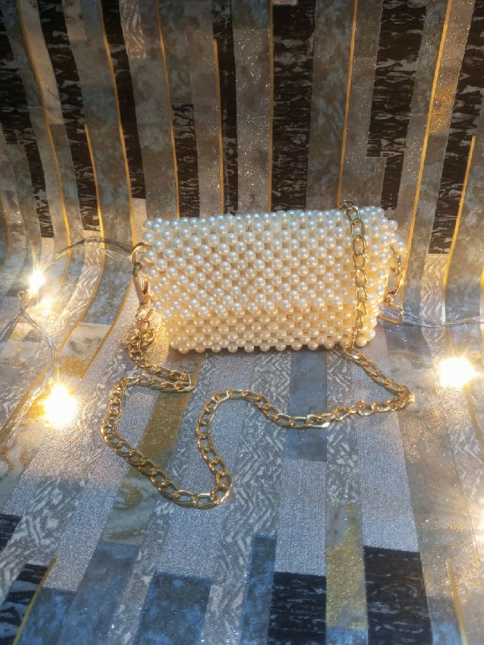Pearl Beaded Clutch with Gold Chain