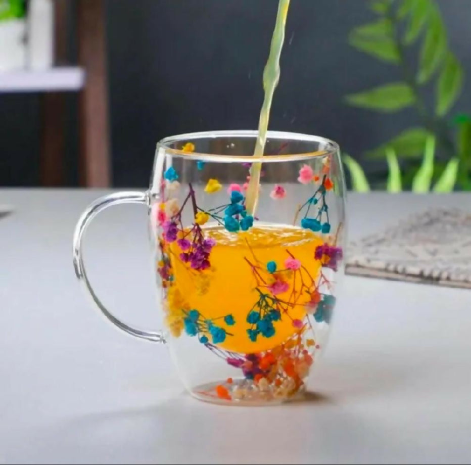Duble glass artificial flowers transparent coffee mug 350 ml