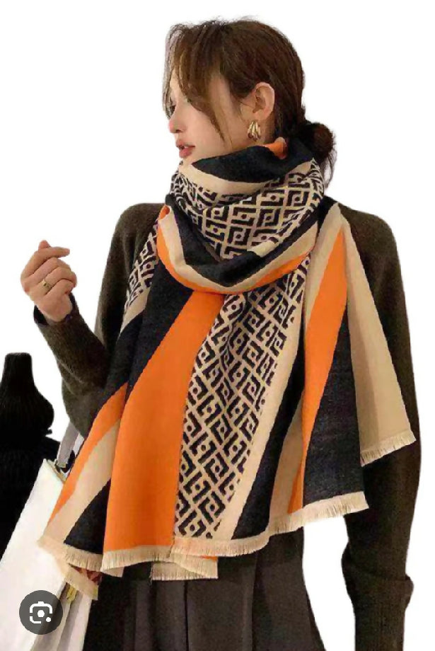 Fashionable geometric orange & black colour shawl for women (UK product))