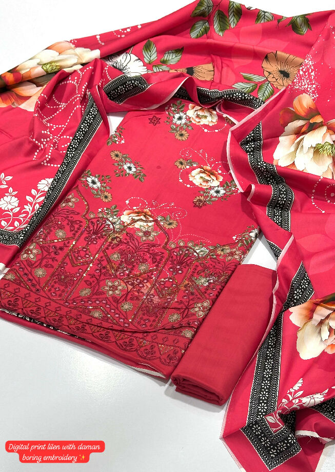 Printed linen with damn embroidery